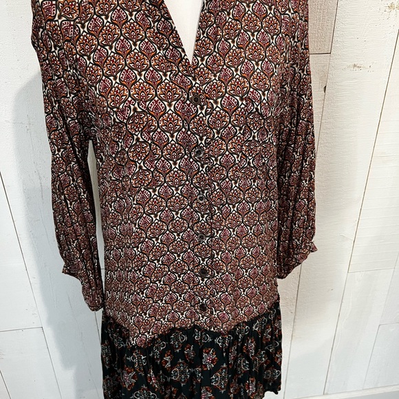 BOHO Mixed Print Rayon Long Sleeve Mini Shirtdress - Picture 6 of 16
